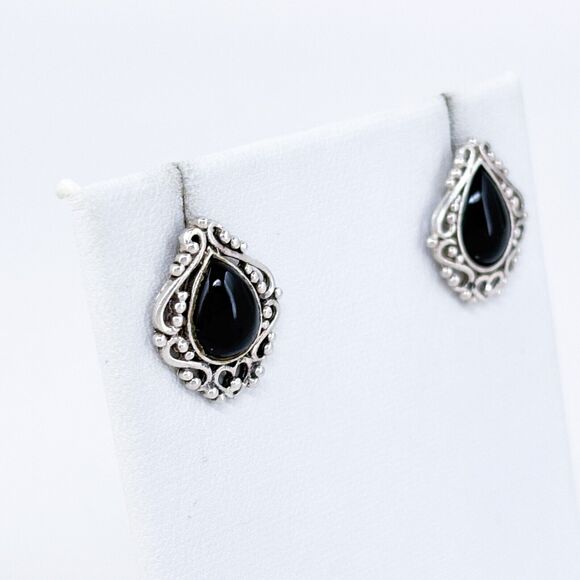 Vintage Sterling Silver 925 Avon Black Onyx Filigree Earrings - Picture 3 of 7